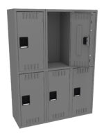 A gray metal locker unit with six compartments in two rows. Five doors are closed, and the top middle door is open, showing the empty interior. Each locker door has a vent and a black handle.