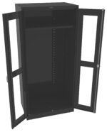A black, tall, and empty cabinet with two glass-paneled doors open. It has a single shelf near the top and a series of holes along the inner sides, possibly for adjustable shelving. The cabinet stands on a flat surface.