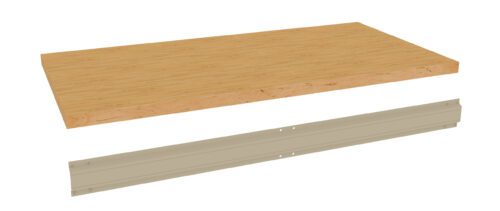 ns0agjlvg6kyfwx4g5ue.jpg A wooden tabletop and a metal support rail are displayed on a white background. The tabletop has a light wood grain texture, and the metal rail is beige, featuring small holes for mounting.
