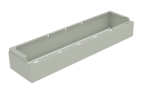 Rectangular, light gray metal planter box with a minimalist design. It features multiple cut-out slots on the top edge for mounting and a spacious open interior. The box is elevated on four small legs at each corner.