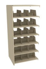 A beige, multi-tiered metal storage shelf with six slanted shelves, each divided into two sections. The design appears suitable for organizing files or documents.