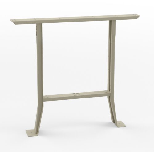nsie5l952w9ngaqm2e2p.jpg A beige metal table leg frame with a T-shaped design, featuring a sturdy horizontal top bar, vertical support, and two angled base supports. The structure is set against a plain white background.