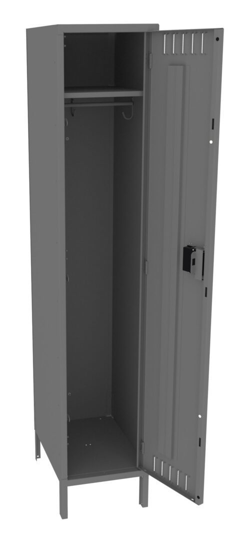 Image shows a tall, open metal locker with a single door. The locker has a sturdy lock, a shelf at the top, and a bar with a hook for hanging items inside. The exterior is a smooth gray color.