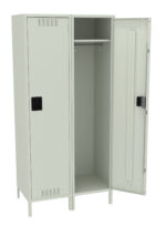 A gray metal locker with two compartments is shown. The left door is closed, while the right door is open, revealing a hanging rod and a small shelf inside. The locker stands on four short legs.