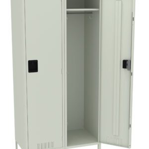 A gray metal locker with two compartments is shown. The left door is closed, while the right door is open, revealing a hanging rod and a small shelf inside. The locker stands on four short legs.
