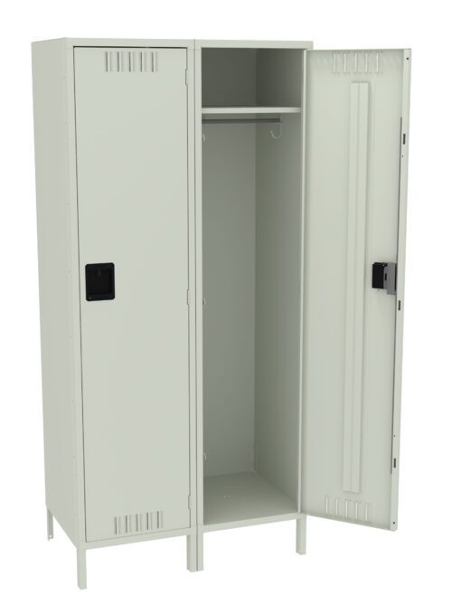 A gray metal locker with two compartments is shown. The left door is closed, while the right door is open, revealing a hanging rod and a small shelf inside. The locker stands on four short legs.