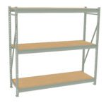 A three-tier metal shelving unit with wooden shelves, featuring a light gray frame. The shelves are evenly spaced and the unit is suitable for storage or organization in a garage or warehouse setting.