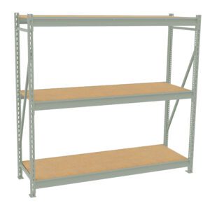 A three-tier metal shelving unit with wooden shelves, featuring a light gray frame. The shelves are evenly spaced and the unit is suitable for storage or organization in a garage or warehouse setting.