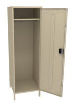 A beige metal locker with an open door, revealing an empty interior. It has a single shelf at the top and a hanging rod below. The locker is standing on four small legs.