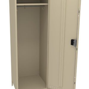 A beige metal locker with an open door, revealing an empty interior. It has a single shelf at the top and a hanging rod below. The locker is standing on four small legs.
