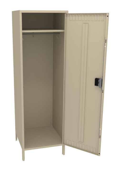 A beige metal locker with an open door, revealing an empty interior. It has a single shelf at the top and a hanging rod below. The locker is standing on four small legs.