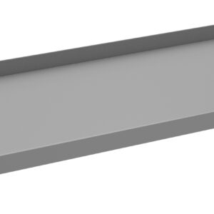 A plain, rectangular gray shelf with a raised back edge. The shelf appears to be made of metal and has a simple, minimalist design. It is shown against a white background.