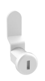 A white wall hook with a simple, modern design. The base is rectangular with rounded edges, and a cylindrical hook extends outward. The hook has a horizontal slot in the center. The overall appearance is minimalist and sleek.