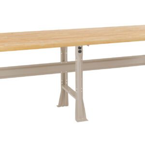 A long, rectangular wooden workbench with a smooth surface and metal legs. The bench has a natural wood finish and beige-colored legs, suitable for workshops or garages.