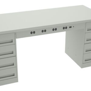 A gray office desk with a flat top and two sets of drawers, each with five handles. There are four circular holes and one small slot in the panel below the desktop.