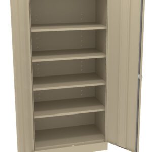 A beige metal cabinet with four adjustable shelves and two open doors. The interior is empty, showing ample storage space.