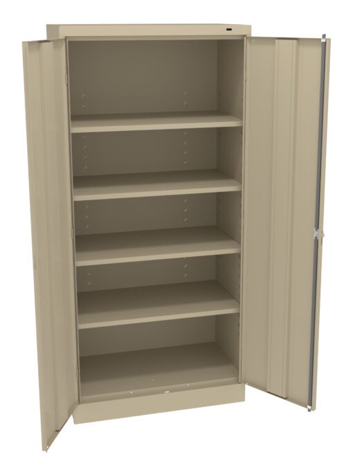 A beige metal cabinet with four adjustable shelves and two open doors. The interior is empty, showing ample storage space.