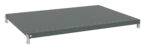 A gray, rectangular assembly component with a flat surface, featuring small evenly spaced holes along the edges, and supported by four white corner brackets.