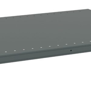 A gray, rectangular assembly component with a flat surface, featuring small evenly spaced holes along the edges, and supported by four white corner brackets.