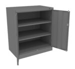 Gray metal storage cabinet with two doors, one open to reveal three empty shelves.