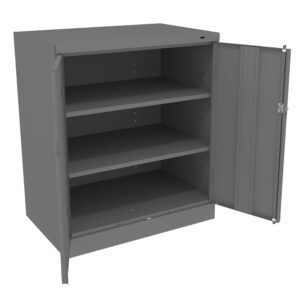 Gray metal storage cabinet with two doors, one open to reveal three empty shelves.