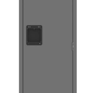 A tall, closed gray metal locker with a black handle and small vents at the top and bottom. The locker door has a hinge on the right side.
