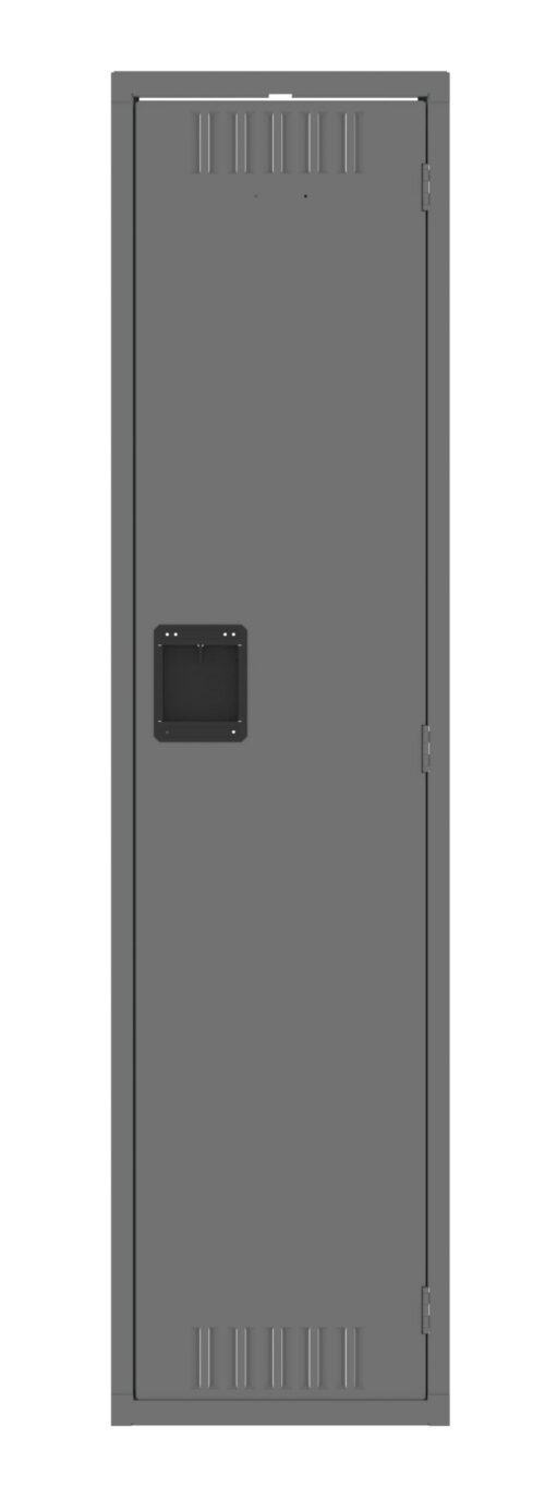 A tall, closed gray metal locker with a black handle and small vents at the top and bottom. The locker door has a hinge on the right side.