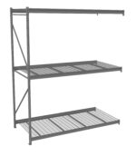A large, gray metal storage rack with three wire grid shelves and a sturdy frame. The design includes vertical side supports with a cross-bracing for stability. The open shelves provide ample space for storage.