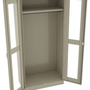 A beige metal storage cabinet with two open doors. It features a hanging rod inside and has a tall, empty interior space suitable for storing clothing or other items. The cabinet has a simple, utilitarian design.