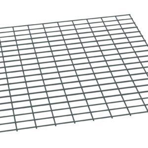 A 3D illustration of a gray, flat, rectangular metal grid with evenly spaced horizontal and vertical bars. The grid is shown from an angled perspective on a white background.