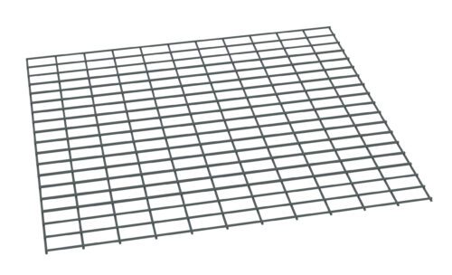 A 3D illustration of a gray, flat, rectangular metal grid with evenly spaced horizontal and vertical bars. The grid is shown from an angled perspective on a white background.