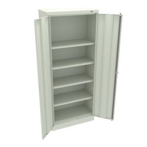 Open green metal cabinet with five adjustable shelves, empty interior, and double doors. The simple, industrial design is suitable for storage or organizational purposes in various settings.