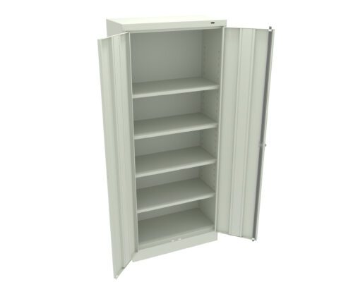 nv5i2crdjoza1ls25wiv.jpg Open green metal cabinet with five adjustable shelves, empty interior, and double doors. The simple, industrial design is suitable for storage or organizational purposes in various settings.