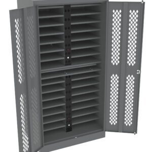 A gray metal charging cabinet with open doors revealing multiple shelves for device storage. The cabinet has a perforated design on the doors and interior panels, providing ventilation.