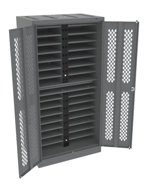 A gray metal charging cabinet with open doors revealing multiple shelves for device storage. The cabinet has a perforated design on the doors and interior panels, providing ventilation.