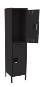 A black metal locker with two compartments. The upper door is open, showing an empty interior, while the lower compartment is closed. It has ventilation slots on the doors and stands on four legs.