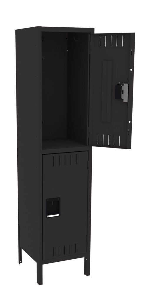 nvf2u2ioacnhaz3uoueq.jpg A black metal locker with two compartments. The upper door is open, showing an empty interior, while the lower compartment is closed. It has ventilation slots on the doors and stands on four legs.