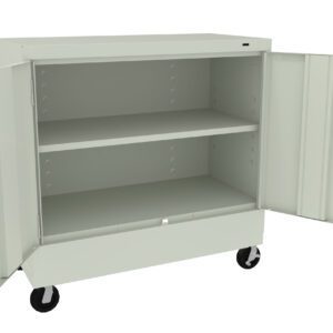 A light gray metal storage cabinet on wheels with both doors open, revealing two shelves inside. The cabinet is designed for storing items securely and can be easily moved.