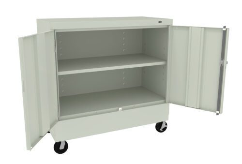 A light gray metal storage cabinet on wheels with both doors open, revealing two shelves inside. The cabinet is designed for storing items securely and can be easily moved.