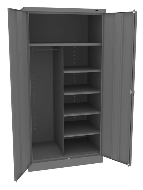 Open gray metal cabinet with two doors. Inside features multiple shelves on the right and a hanging rod on the left, offering ample storage space.