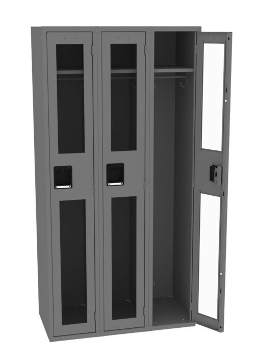 nw6px2lczk2bw4rllamf.jpg Gray, three-compartment locker with one door open, revealing empty interior. Each compartment has a rectangular glass pane in the door, a shelf, and a hanging rod.