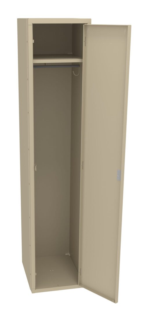 Beige metal locker with one door open, revealing a single shelf and a hanging rod inside. The locker is empty, showcasing its storage space.