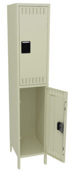 A beige metal locker with two compartments stacked vertically. The top compartment is closed, while the bottom compartment is open, showing an empty interior. Each door has ventilation slots and a black handle.