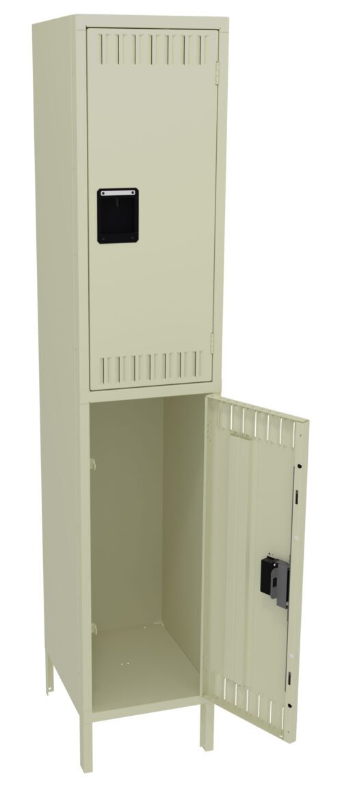 A beige metal locker with two compartments stacked vertically. The top compartment is closed, while the bottom compartment is open, showing an empty interior. Each door has ventilation slots and a black handle.
