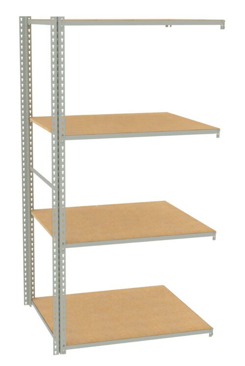 Metal shelving unit with four wooden shelves. The frame is made of gray metal, and the shelves appear to be made of a light brown wood or board material. The design is simple and utilitarian, suitable for storage or organization.