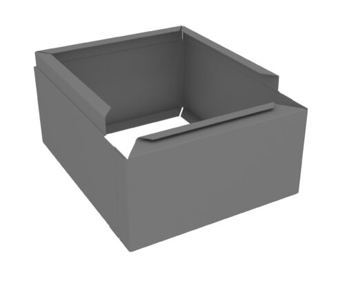 3D rendering of a gray, open rectangular container with reinforced edges and a flat base, viewed from above at an angle.