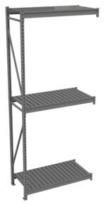 A three-tier gray metal storage shelving unit with slatted shelves. The structure is supported by vertical beams and diagonal bracing on the left side. The shelves are evenly spaced, providing ample storage space.