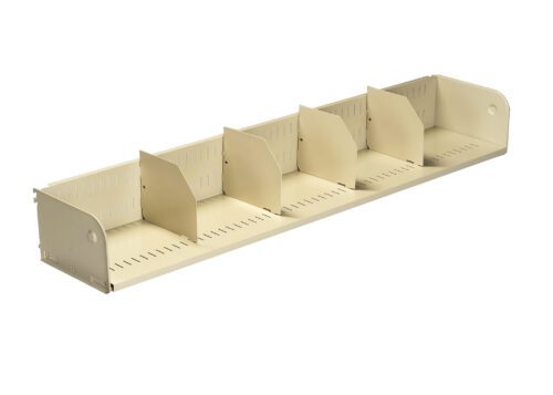 A beige metal document organizer with six adjustable dividers set in a long, rectangular form. The dividers create separate compartments for holding files or papers. The surface is perforated with slots for customization.