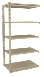 Metal shelving unit with five adjustable beige shelves and perforated side supports. The open, industrial design is ideal for organizing items in a garage, warehouse, or storage room.