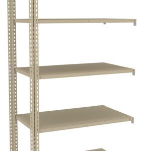 Metal shelving unit with five adjustable beige shelves and perforated side supports. The open, industrial design is ideal for organizing items in a garage, warehouse, or storage room.